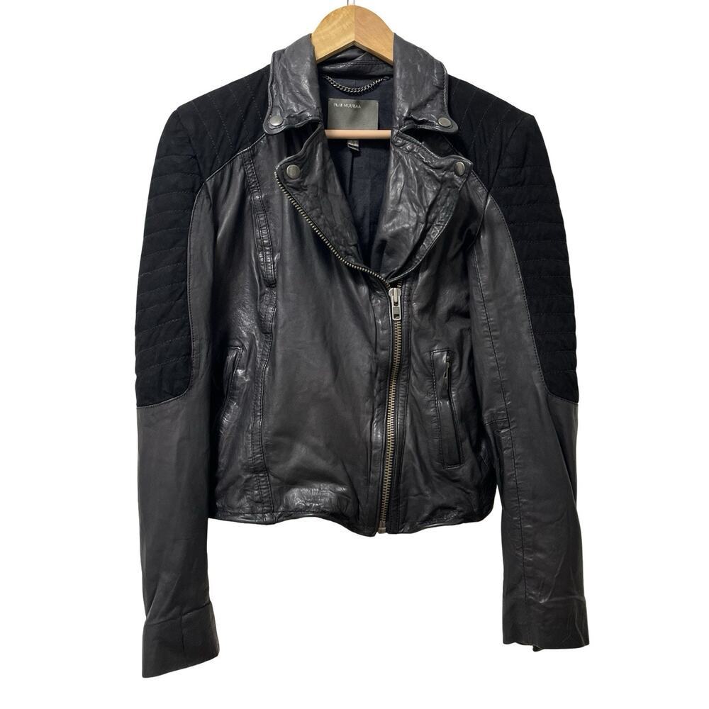 Muubaa Womens Lamb Leather Biker Motorcycle Jacket UK 10 US 6‎ Black Edgy Baddie